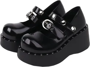 Uniquelly Womens Wedge Platform Mary Jane High Heel Patent Leather Pumps Buckle Strap Round Toe Lolita Fashion Punk Shoes