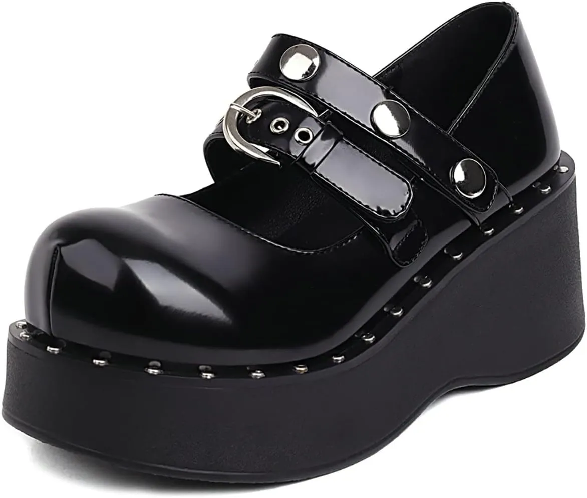 Uniquelly Womens Wedge Platform Mary Jane High Heel Patent Leather Pumps Buckle Strap Round Toe Lolita Fashion Punk Shoes