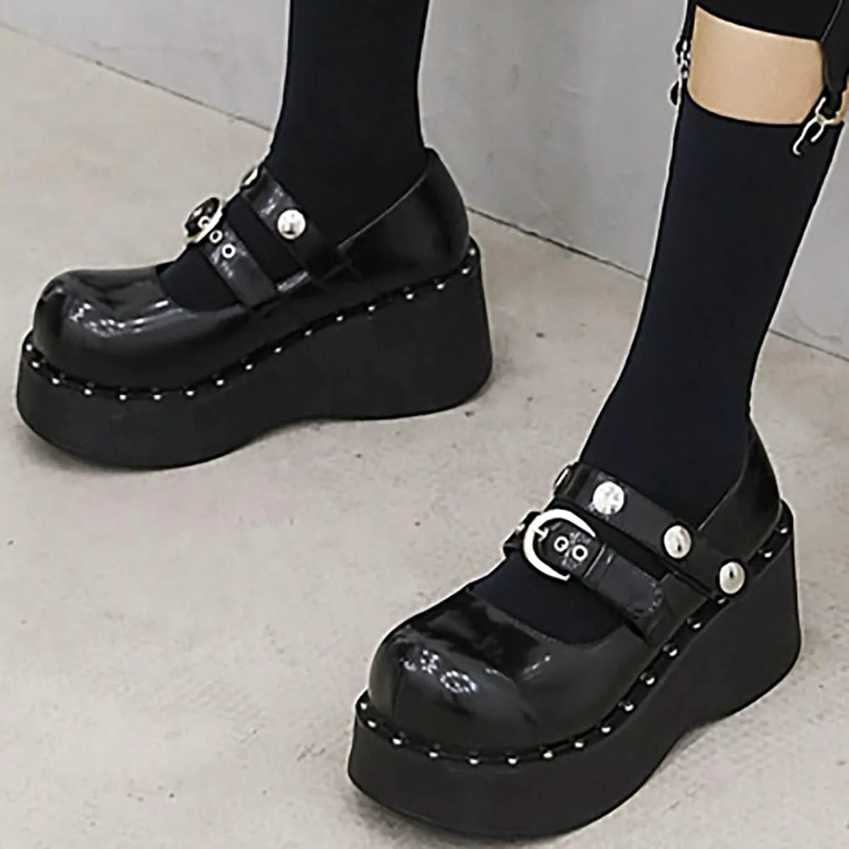 Uniquelly Womens Wedge Platform Mary Jane High Heel Patent Leather Pumps Buckle Strap Round Toe Lolita Fashion Punk Shoes