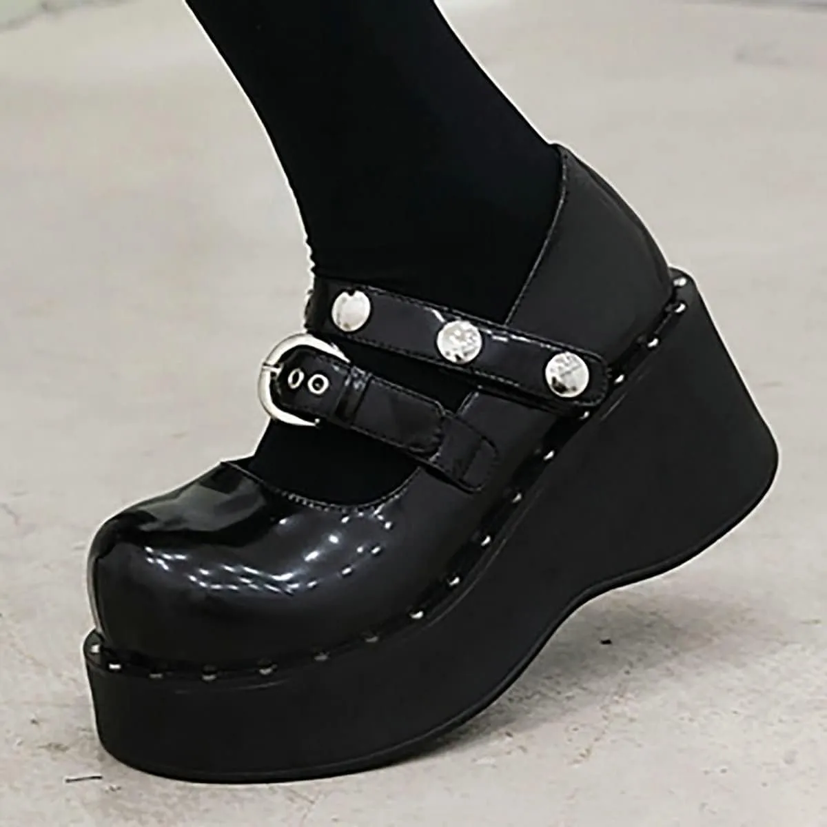 Uniquelly Womens Wedge Platform Mary Jane High Heel Patent Leather Pumps Buckle Strap Round Toe Lolita Fashion Punk Shoes