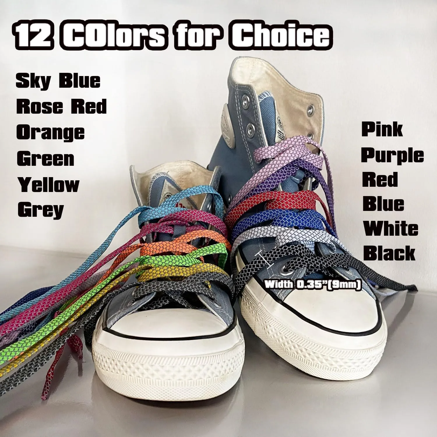 VASGO Flat Shoe Laces Reflective for Sneaker 10 Different Lengths 12 Colors