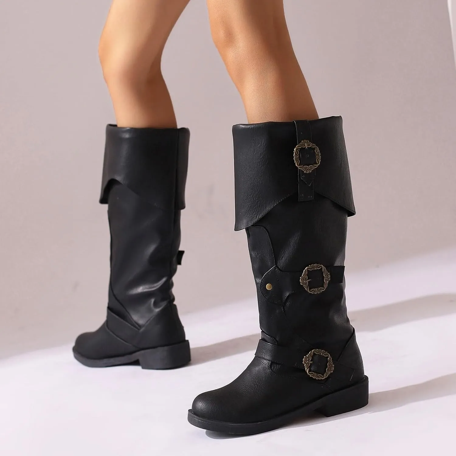 Victorian Boots for Women Men Knee High Riding Pirate Boots, Comfortable Low Chunky Heel Flat Motorcycle Buckle for Women