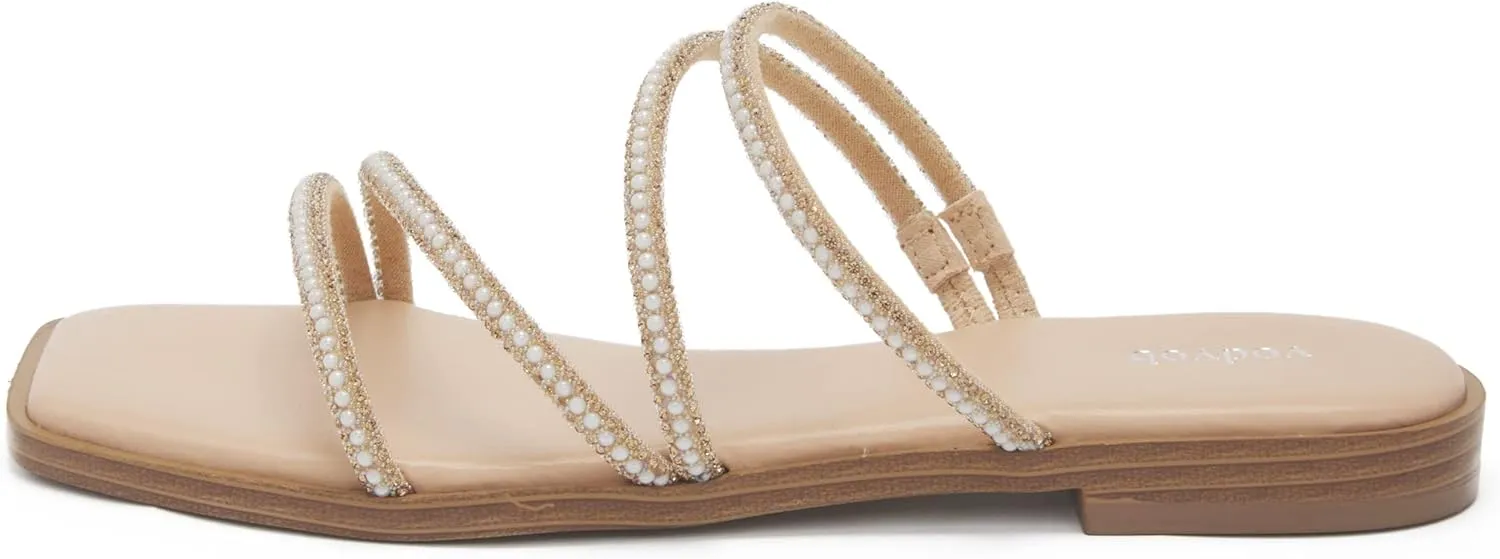 vodvob Women's Rhinestone Flat Sandals Slip on Memory Foam Sandals Open Toe Slide Sandals