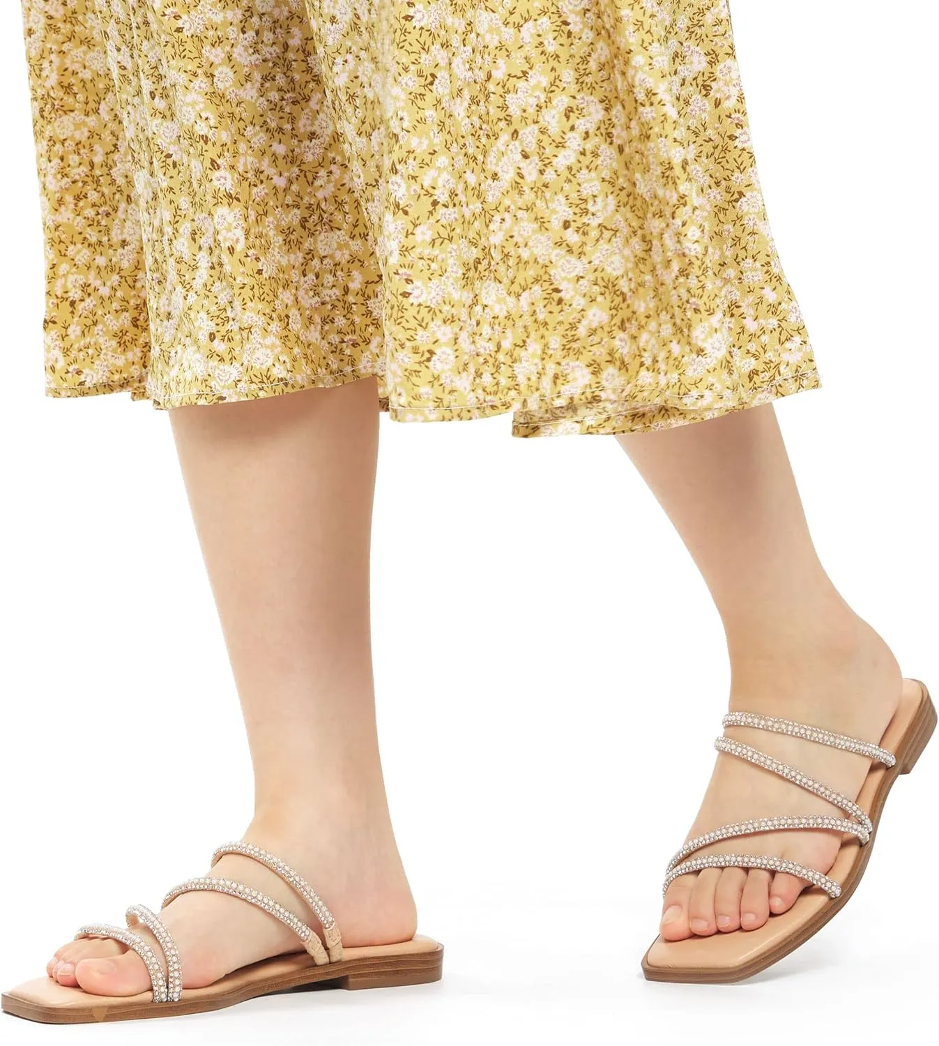 vodvob Women's Rhinestone Flat Sandals Slip on Memory Foam Sandals Open Toe Slide Sandals