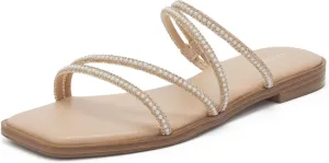 vodvob Women's Rhinestone Flat Sandals Slip on Memory Foam Sandals Open Toe Slide Sandals