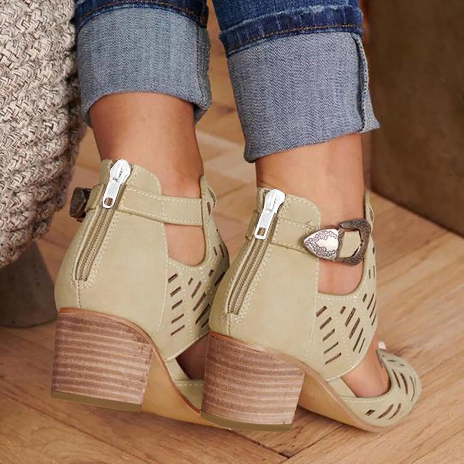 Walking Sandals Women, Womens Sandals Sexy Hollow Floral Lace Chunky High Heels Peep Toe Platform Boots