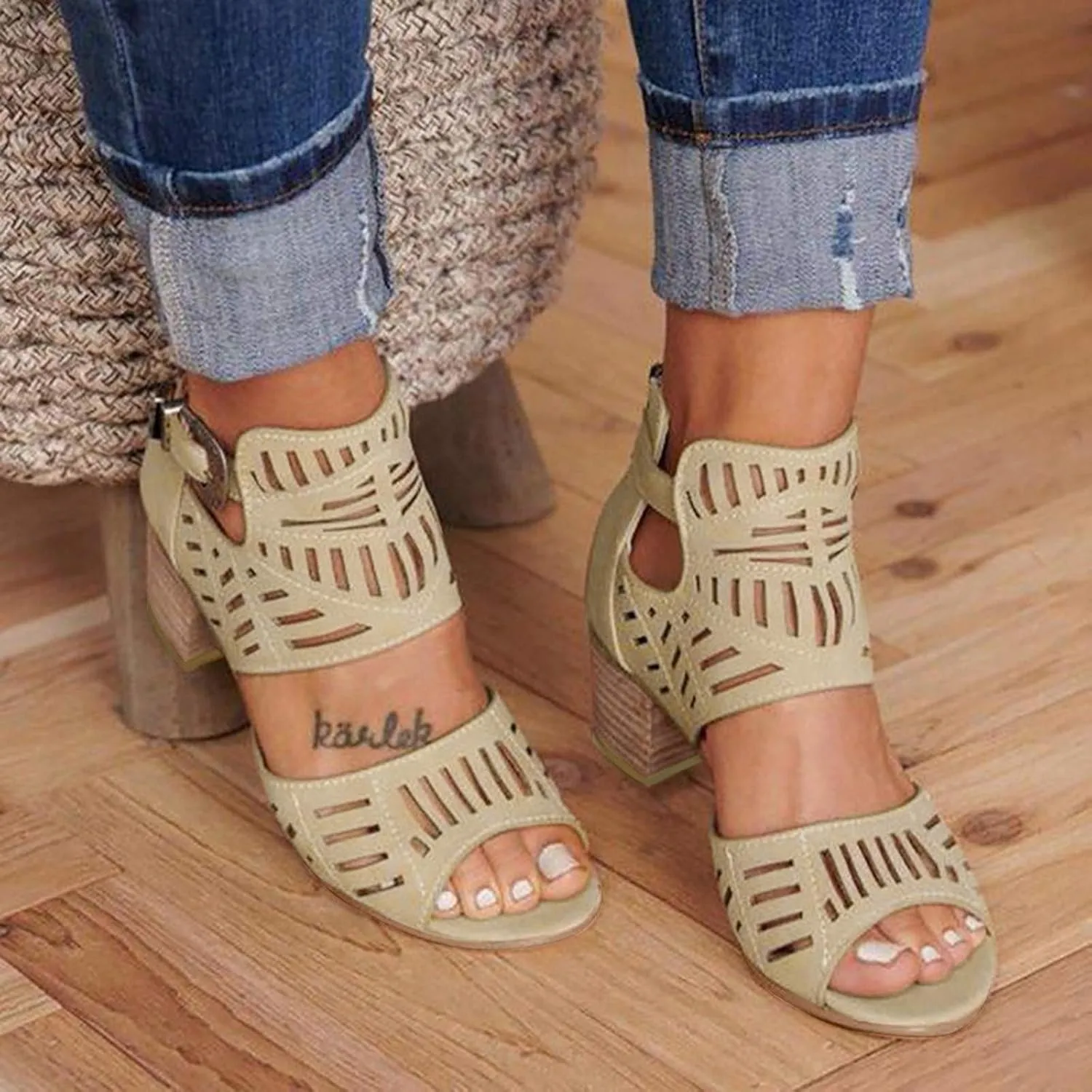 Walking Sandals Women, Womens Sandals Sexy Hollow Floral Lace Chunky High Heels Peep Toe Platform Boots