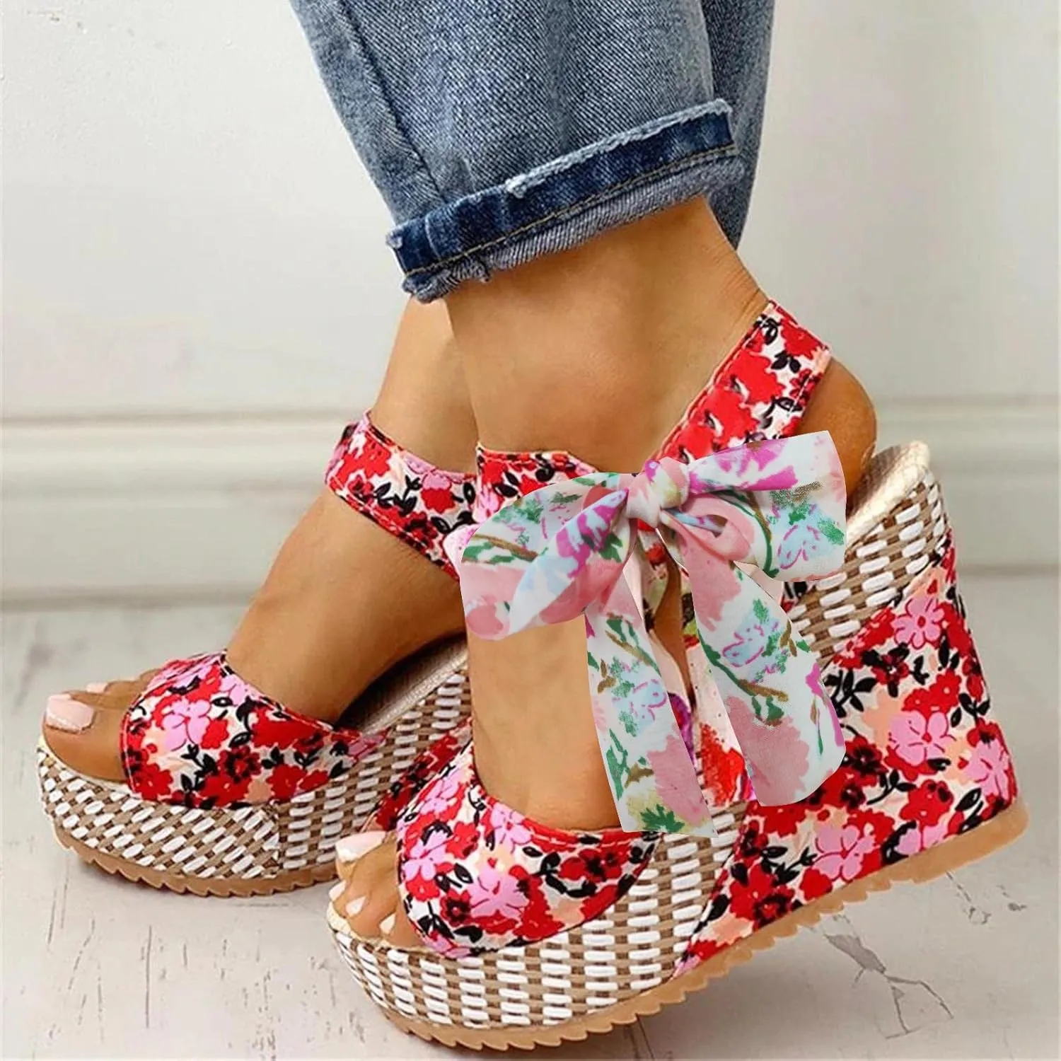 Wedge Sandal for Women Ankle Strap Flatform Arch Support Fish Mouth Toe Shoes Platform Espadrilles Rubber Cushion Slip on
