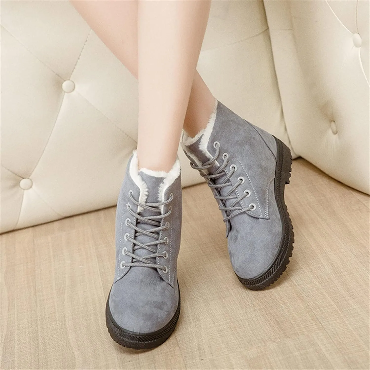Winter Snow Ankle Boots for Women Warm Fur Lined Lace Up Booties Non-slip Combat Walking Bootie Sherpa Fleece Shoes