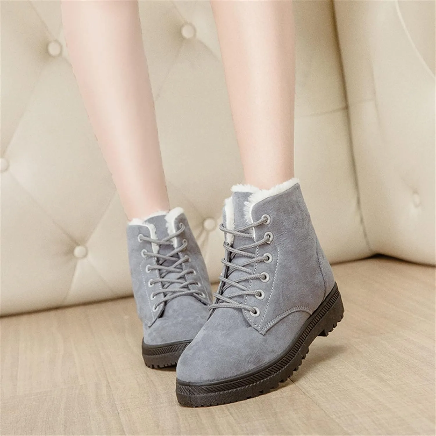 Winter Snow Ankle Boots for Women Warm Fur Lined Lace Up Booties Non-slip Combat Walking Bootie Sherpa Fleece Shoes