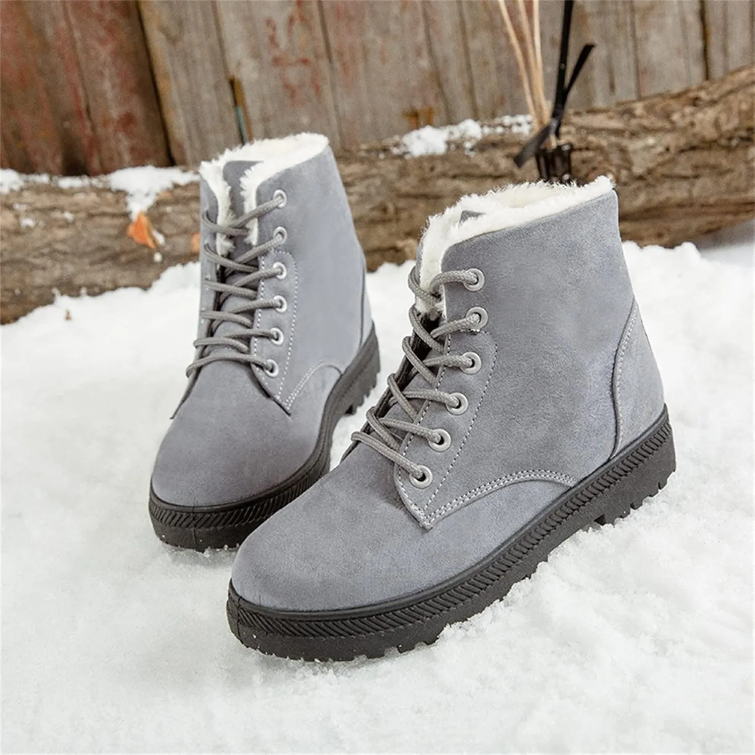 Winter Snow Ankle Boots for Women Warm Fur Lined Lace Up Booties Non-slip Combat Walking Bootie Sherpa Fleece Shoes