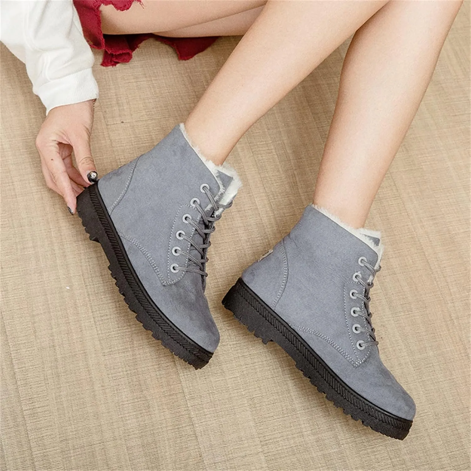 Winter Snow Ankle Boots for Women Warm Fur Lined Lace Up Booties Non-slip Combat Walking Bootie Sherpa Fleece Shoes