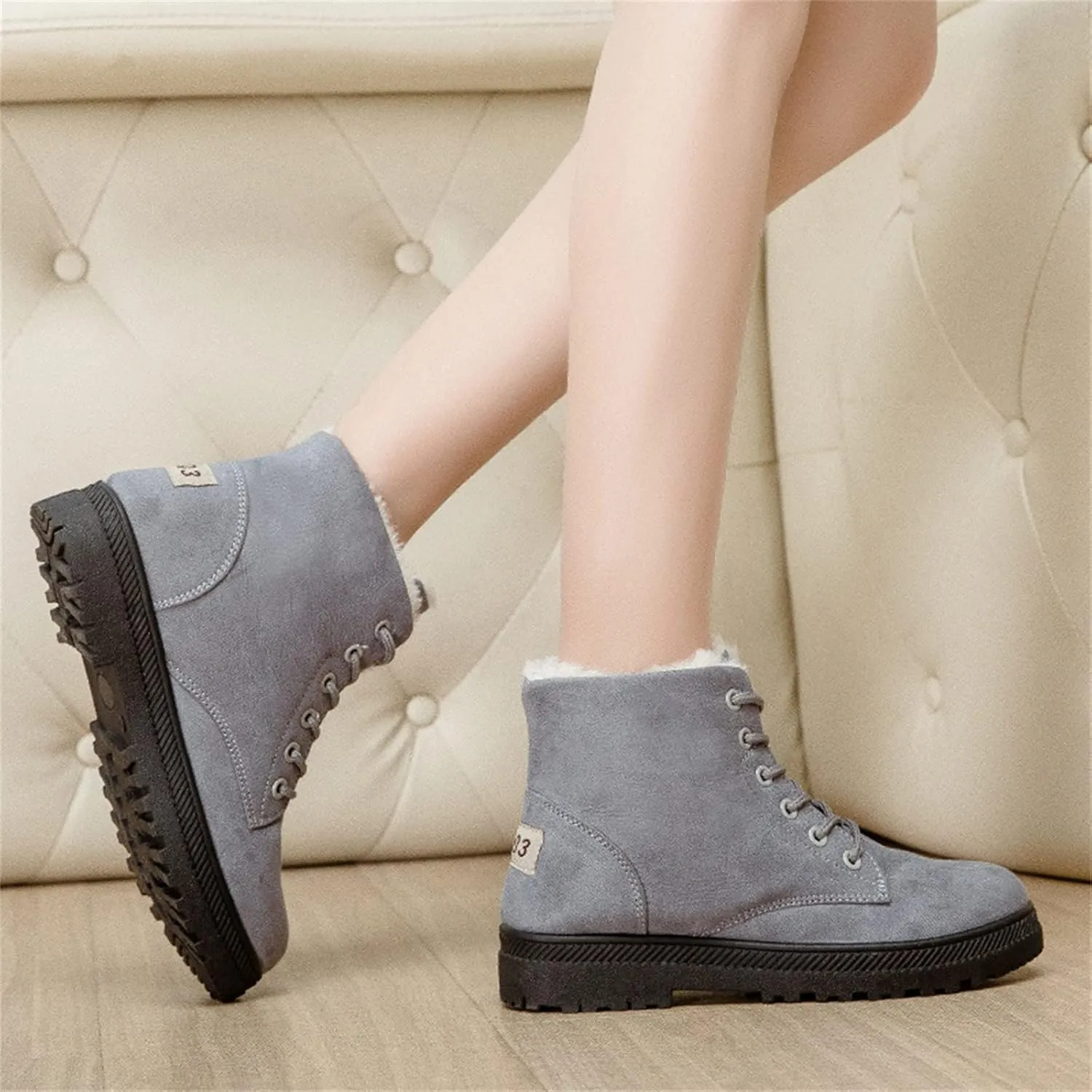 Winter Snow Ankle Boots for Women Warm Fur Lined Lace Up Booties Non-slip Combat Walking Bootie Sherpa Fleece Shoes