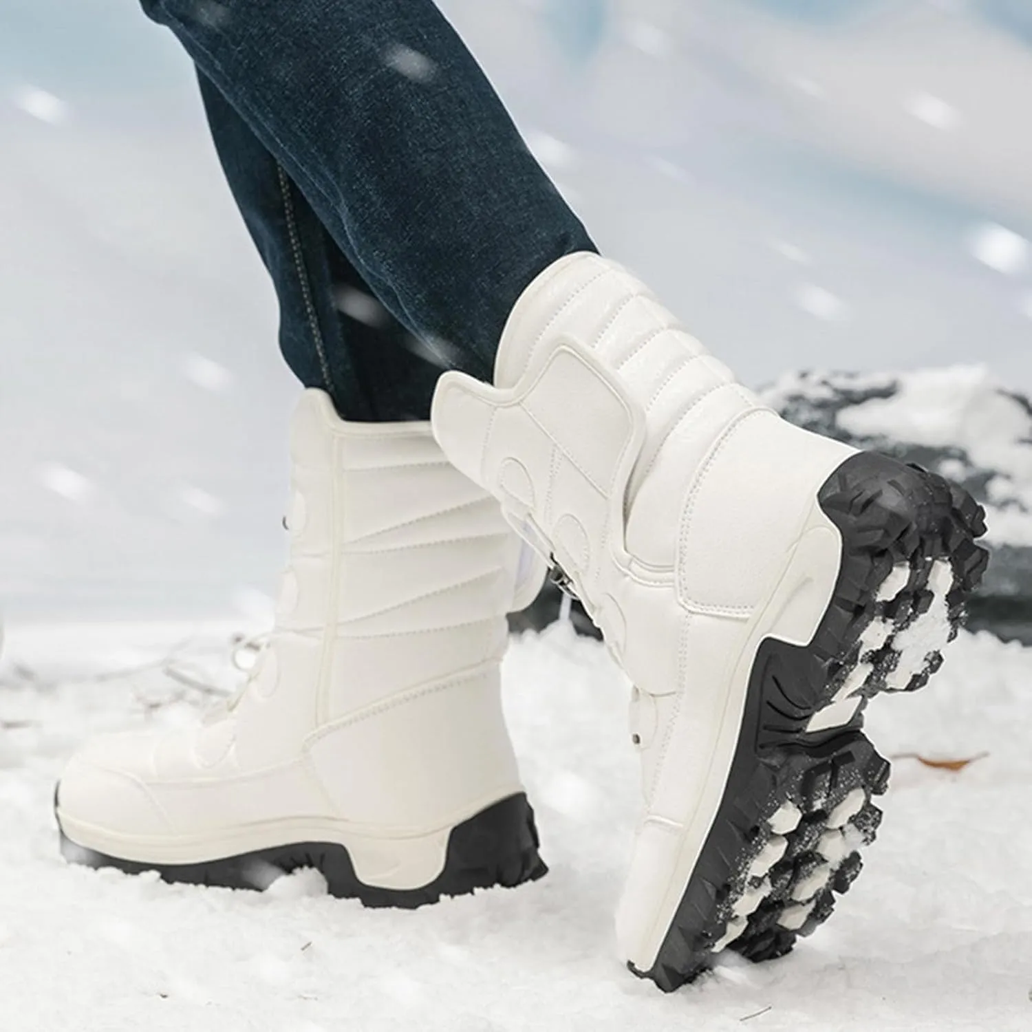 Women Mid Calf Snow Boots Faux Furry Lined Leather Casual Comfort Slip on Fall Winter Outdoor Walking Boots Black Patchwork Classic Ladies Booties Women Shoes