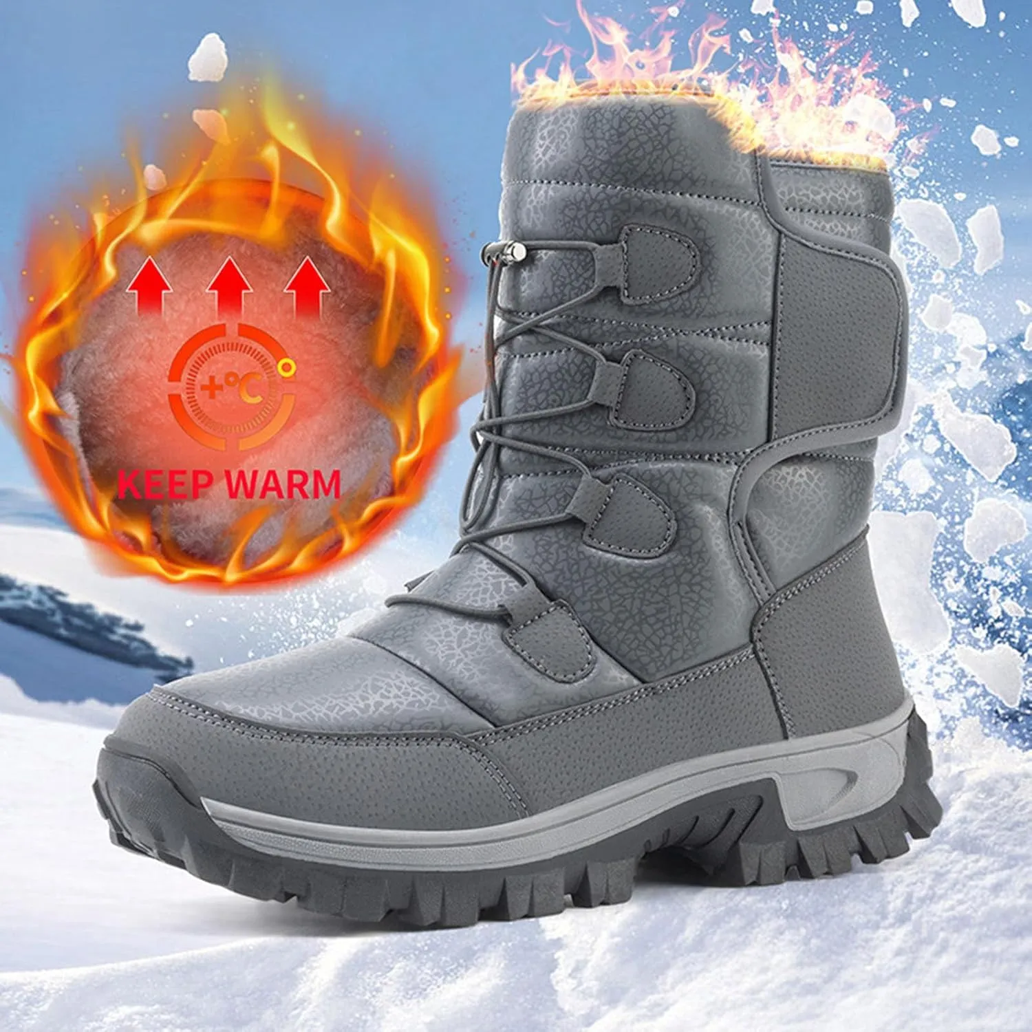 Women Mid Calf Snow Boots Faux Furry Lined Leather Casual Comfort Slip on Fall Winter Outdoor Walking Boots Black Patchwork Classic Ladies Booties Women Shoes
