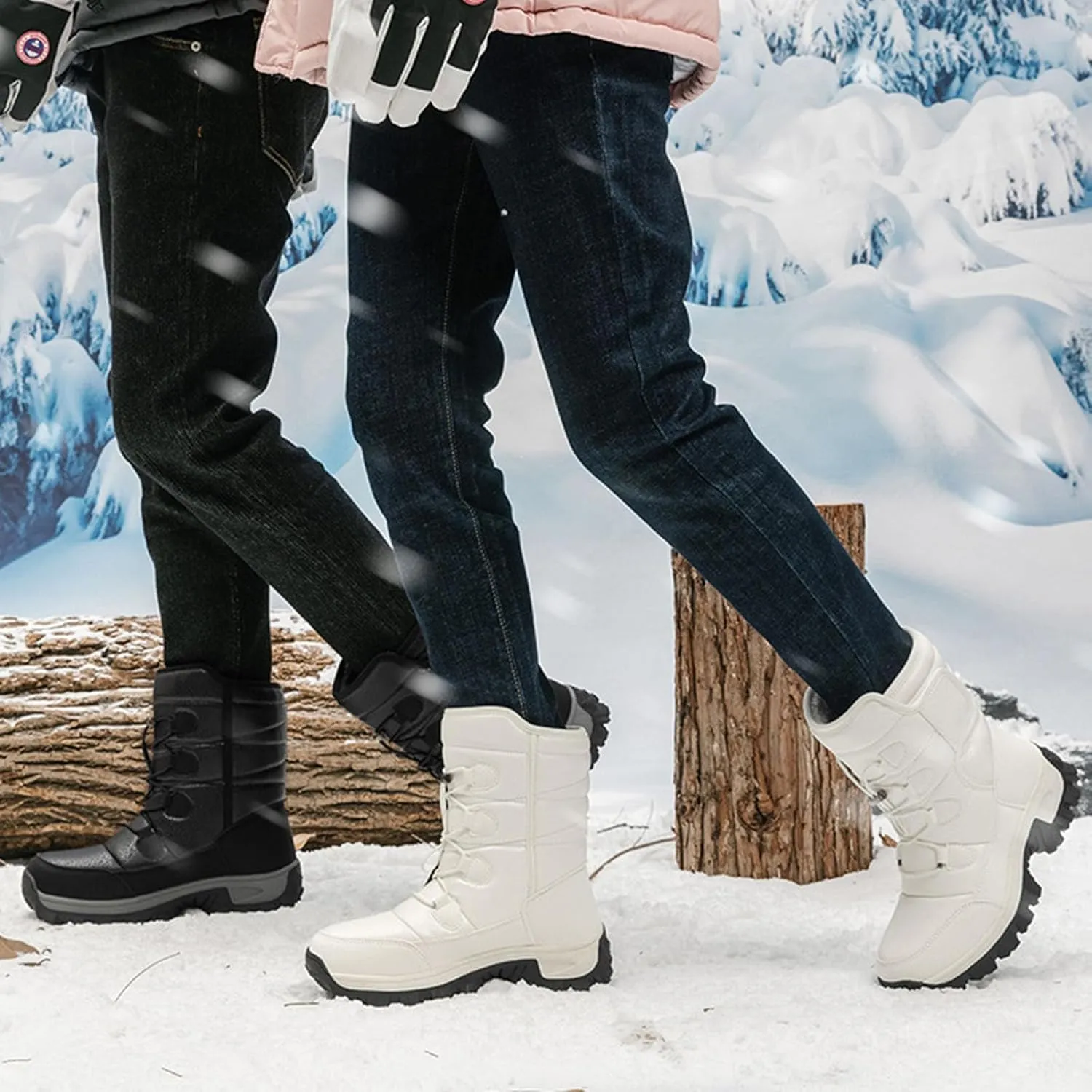 Women Mid Calf Snow Boots Faux Furry Lined Leather Casual Comfort Slip on Fall Winter Outdoor Walking Boots Black Patchwork Classic Ladies Booties Women Shoes