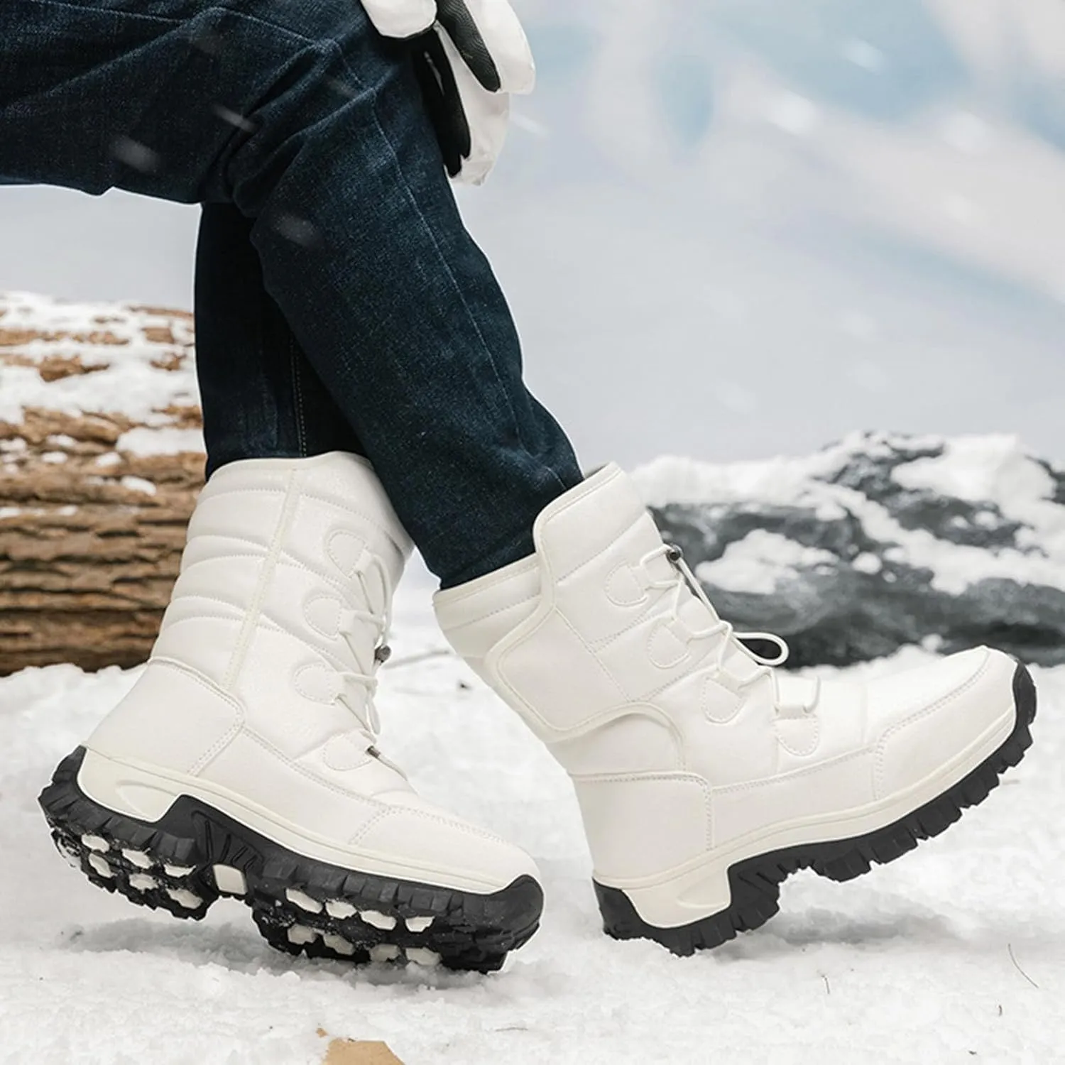 Women Mid Calf Snow Boots Faux Furry Lined Leather Casual Comfort Slip on Fall Winter Outdoor Walking Boots Black Patchwork Classic Ladies Booties Women Shoes