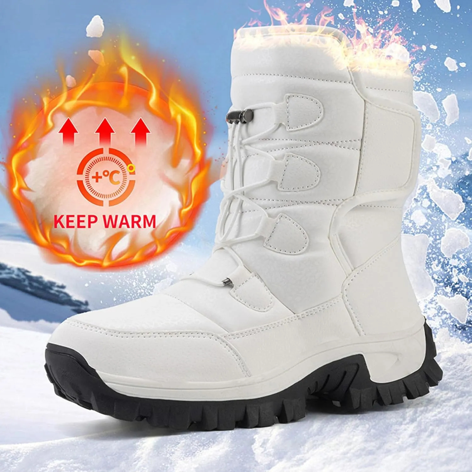 Women Mid Calf Snow Boots Faux Furry Lined Leather Casual Comfort Slip on Fall Winter Outdoor Walking Boots Black Patchwork Classic Ladies Booties Women Shoes