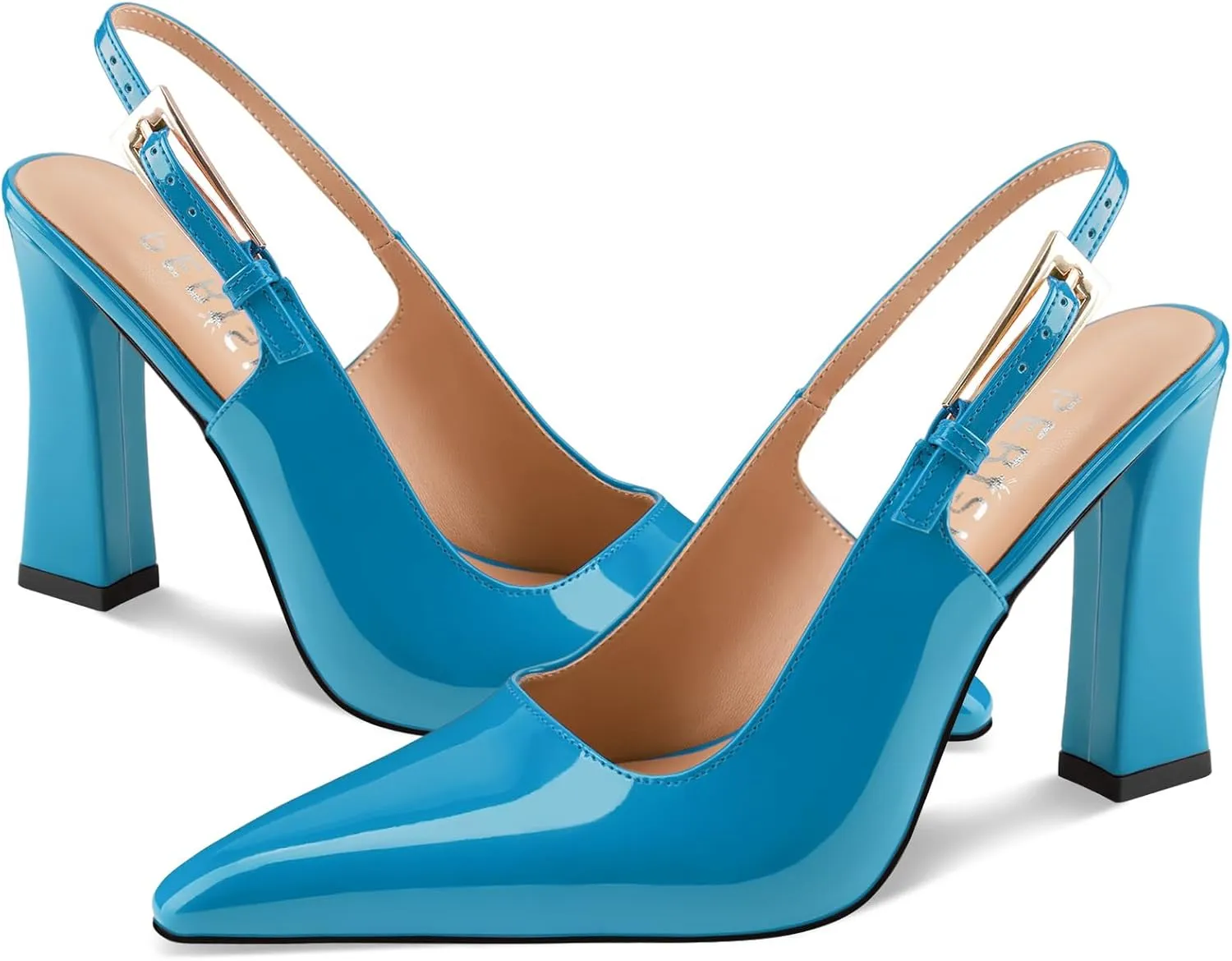 Women's Block high Heels Slingback, Pointed Closed Toe Ankle Strap Fashioned Patent Leather Pumps Shoes.
