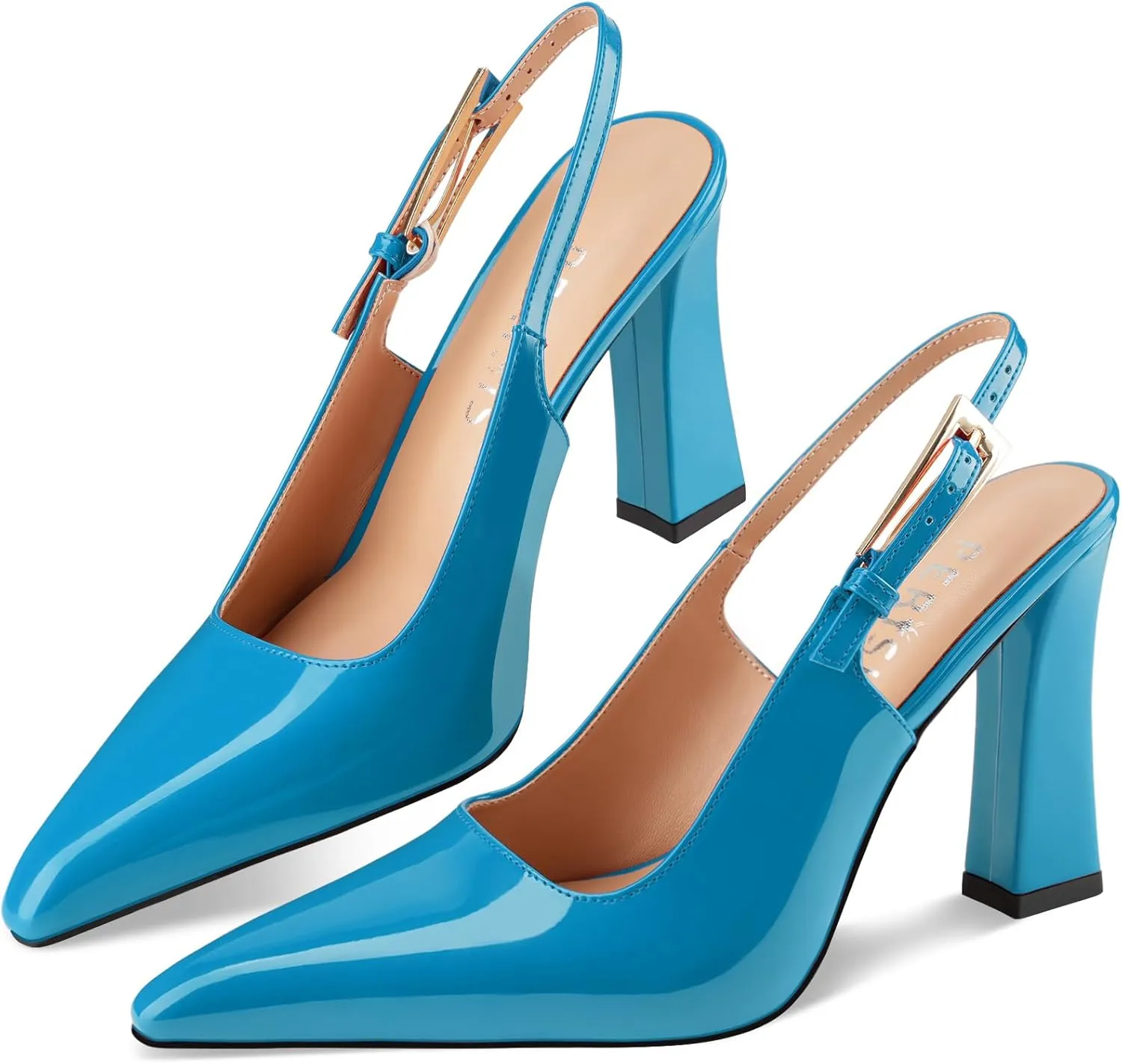 Women's Block high Heels Slingback, Pointed Closed Toe Ankle Strap Fashioned Patent Leather Pumps Shoes.