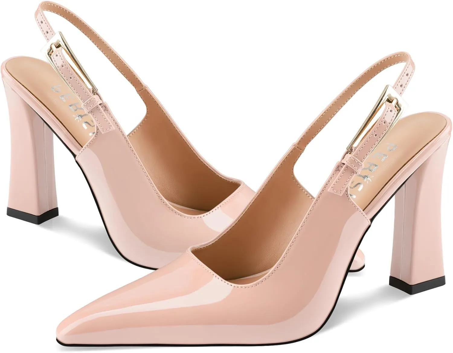 Women's Block high Heels Slingback, Pointed Closed Toe Ankle Strap Fashioned Patent Leather Pumps Shoes.