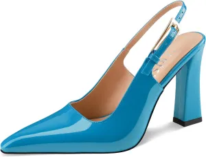 Women's Block high Heels Slingback, Pointed Closed Toe Ankle Strap Fashioned Patent Leather Pumps Shoes.