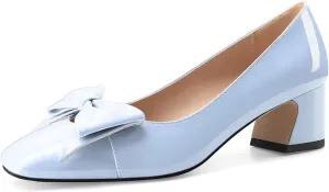 Women's Block Low Heels Square Toe Chunky Heeled Black Pumps Slip On Closed Toe Dress with Bow for Ladies Sexy 2 Inch Heel