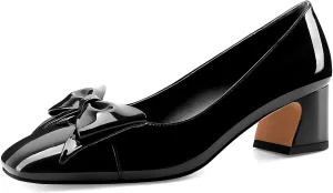 Women's Block Low Heels Square Toe Chunky Heeled Black Pumps Slip On Closed Toe Dress with Bow for Ladies Sexy 2 Inch Heel