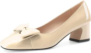 Women's Block Low Heels Square Toe Chunky Heeled Black Pumps Slip On Closed Toe Dress with Bow for Ladies Sexy 2 Inch Heel