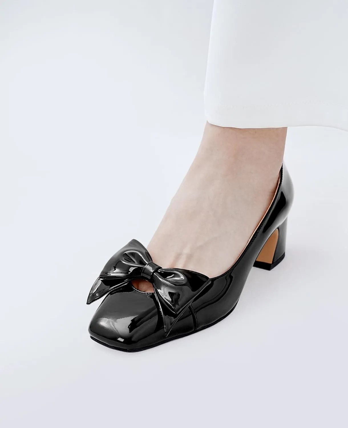 Women's Block Low Heels Square Toe Chunky Heeled Black Pumps Slip On Closed Toe Dress with Bow for Ladies Sexy 2 Inch Heel