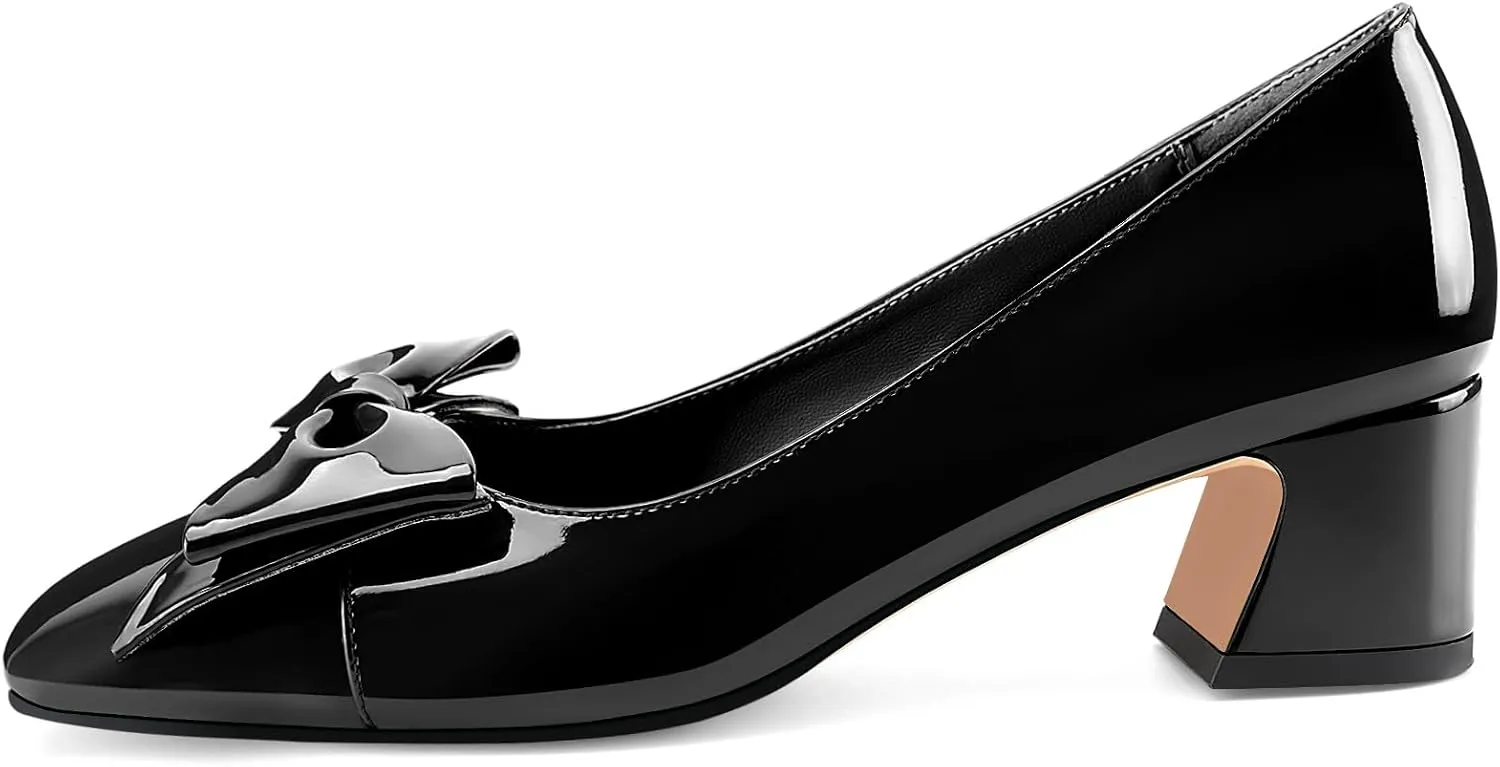 Women's Block Low Heels Square Toe Chunky Heeled Black Pumps Slip On Closed Toe Dress with Bow for Ladies Sexy 2 Inch Heel