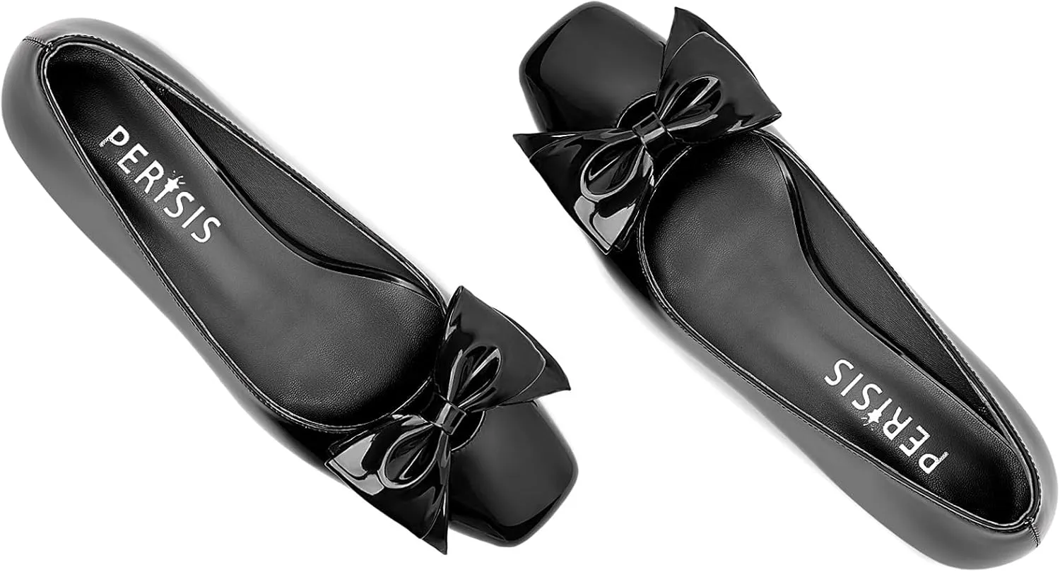 Women's Block Low Heels Square Toe Chunky Heeled Black Pumps Slip On Closed Toe Dress with Bow for Ladies Sexy 2 Inch Heel