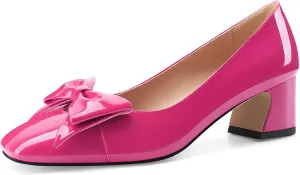 Women's Block Low Heels Square Toe Chunky Heeled Black Pumps Slip On Closed Toe Dress with Bow for Ladies Sexy 2 Inch Heel