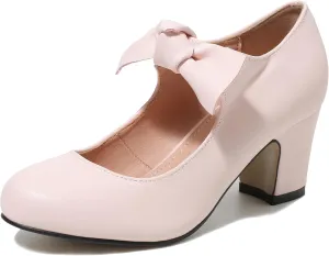 Women's Bow Mary Jane Low Block Chunky Heels Pumps Round Toe Low Heels Ankle Strap Wedding Dress Evening Party Shoes