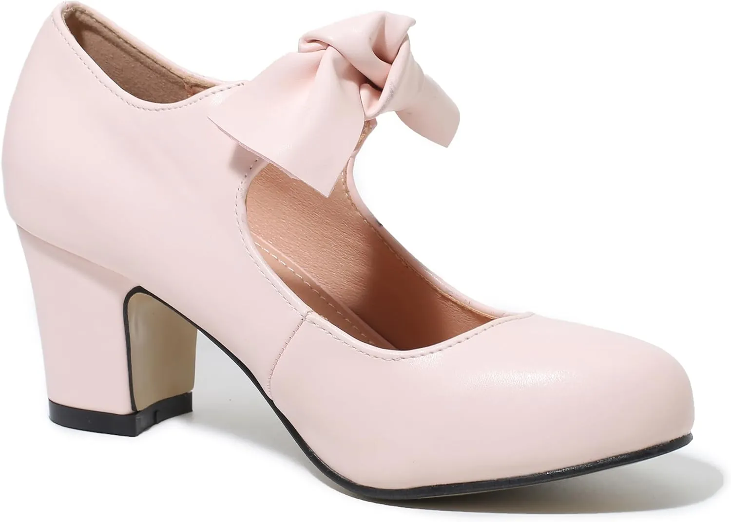 Women's Bow Mary Jane Low Block Chunky Heels Pumps Round Toe Low Heels Ankle Strap Wedding Dress Evening Party Shoes