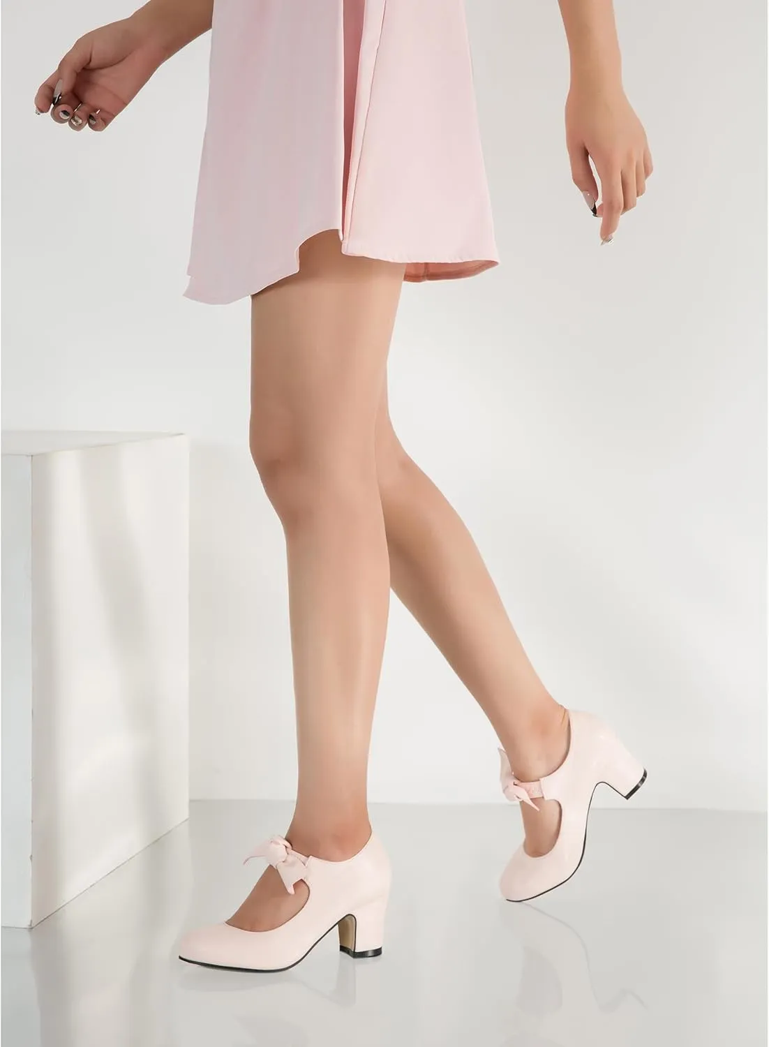 Women's Bow Mary Jane Low Block Chunky Heels Pumps Round Toe Low Heels Ankle Strap Wedding Dress Evening Party Shoes