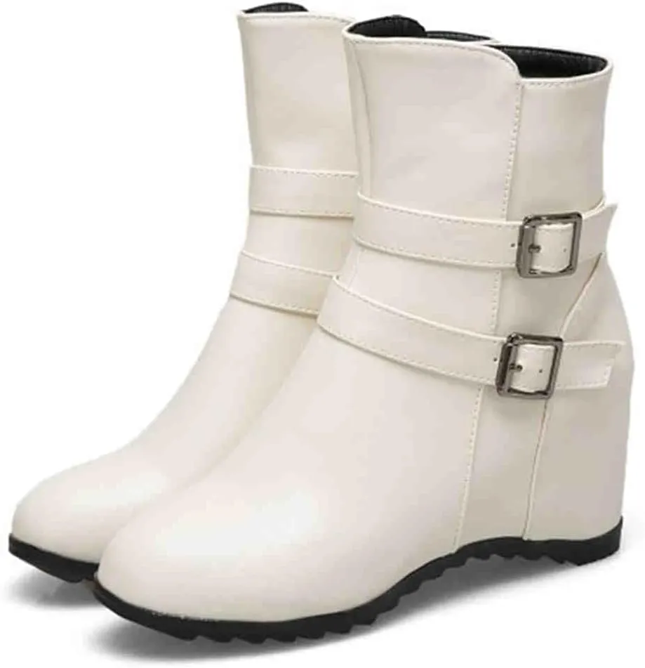 Women's Chelsea Boots British Style Short Boots with Wedge Heel Retro Ankle Boots Boots with Buckle Warm Snow Boots with Zipper Women PU Leather Shoes