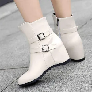 Women's Chelsea Boots British Style Short Boots with Wedge Heel Retro Ankle Boots Boots with Buckle Warm Snow Boots with Zipper Women PU Leather Shoes