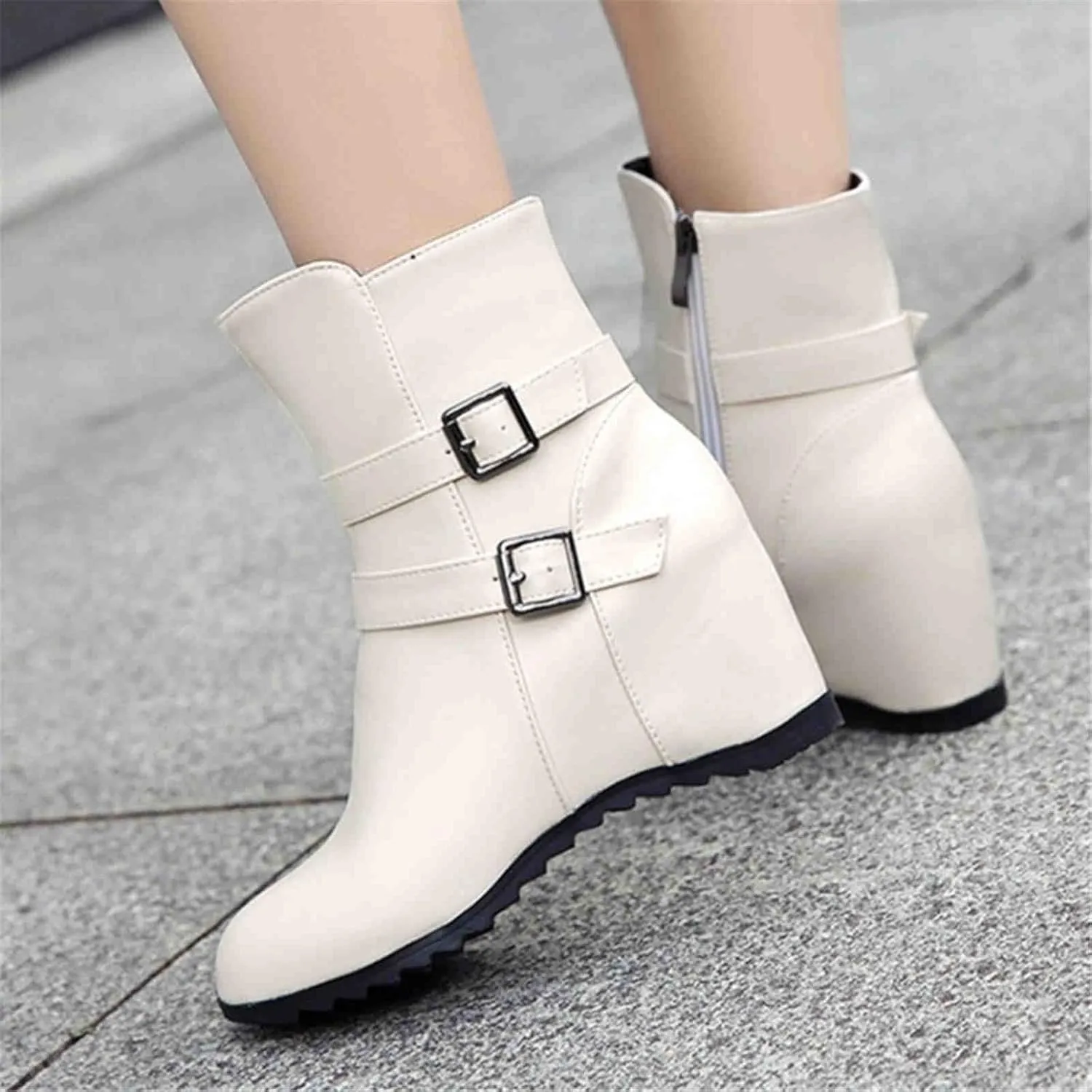 Women's Chelsea Boots British Style Short Boots with Wedge Heel Retro Ankle Boots Boots with Buckle Warm Snow Boots with Zipper Women PU Leather Shoes