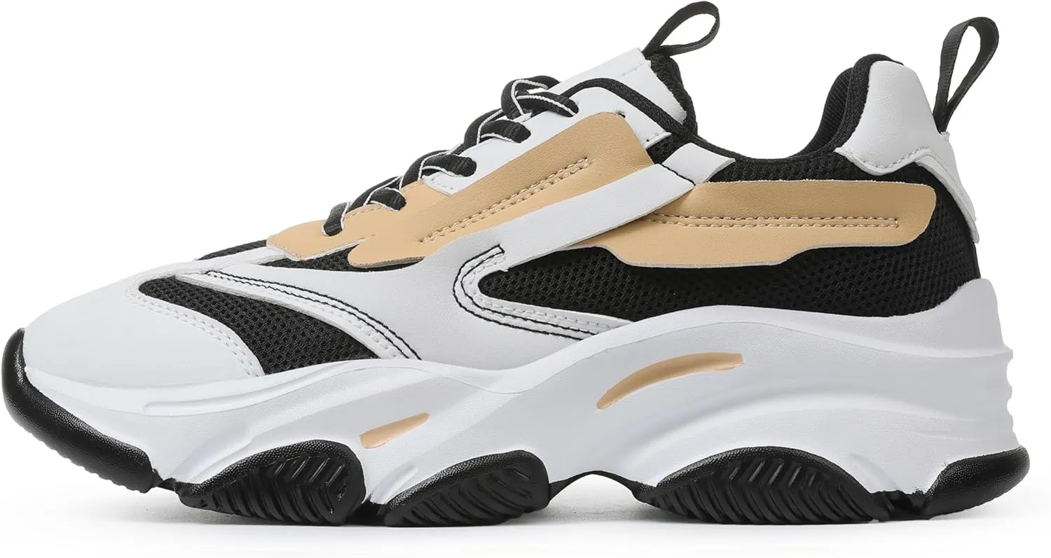 Women's Chunky Sneakers, Platform Casual Lace Up Non-Slip Comfortable Fashion Running, Thick 90s Women 'S Fashion Leather Breathable Mesh Walking Workout Sport Shoes