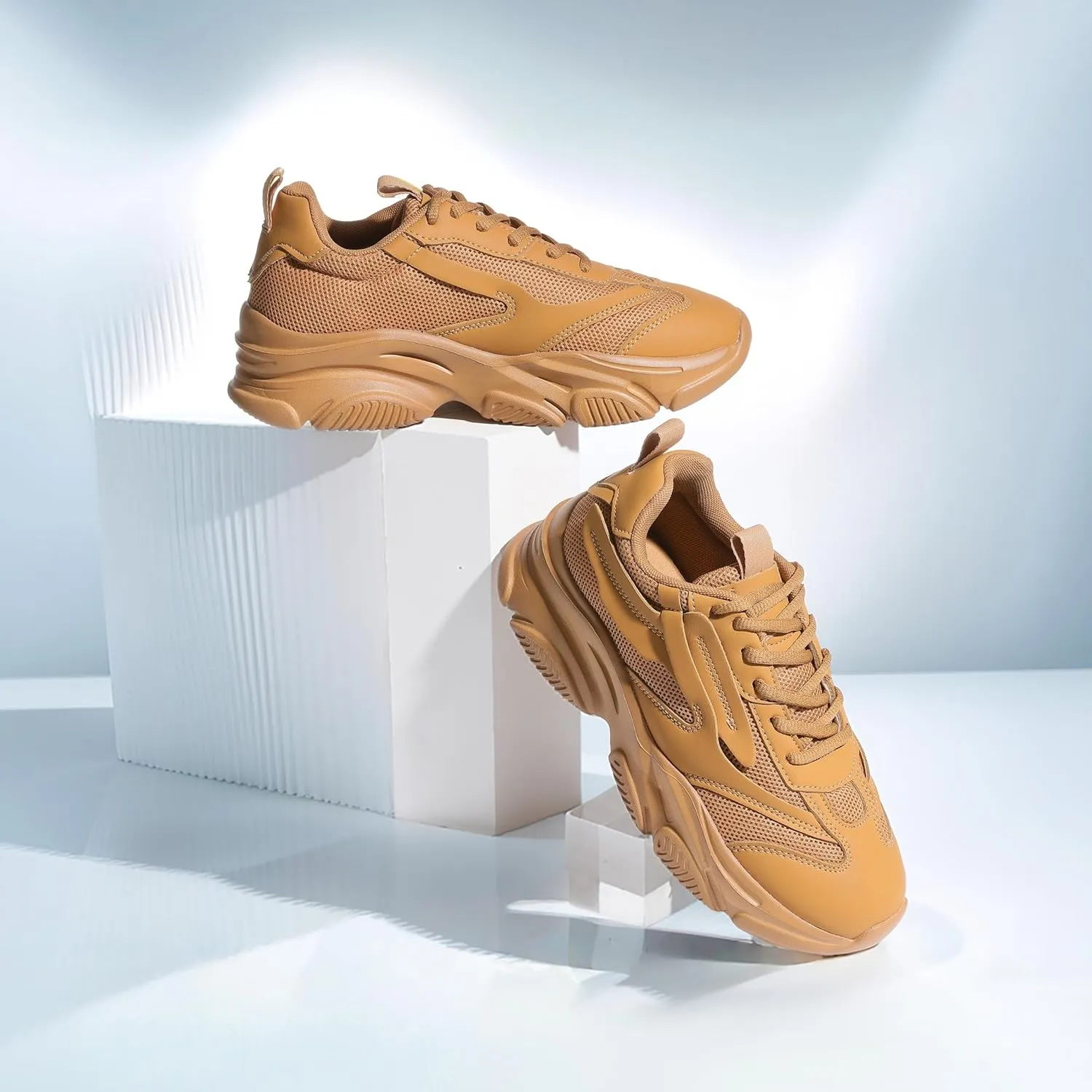 Women's Chunky Sneakers, Platform Casual Lace Up Non-Slip Comfortable Fashion Running, Thick 90s Women 'S Fashion Leather Breathable Mesh Walking Workout Sport Shoes