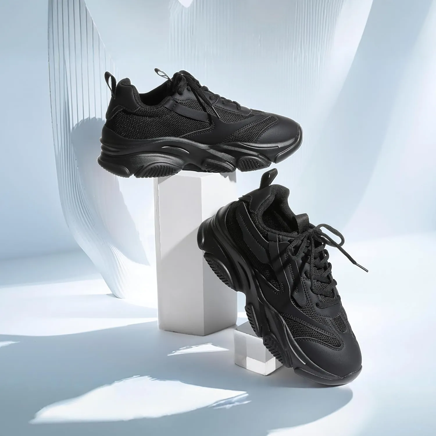 Women's Chunky Sneakers, Platform Casual Lace Up Non-Slip Comfortable Fashion Running, Thick 90s Women 'S Fashion Leather Breathable Mesh Walking Workout Sport Shoes