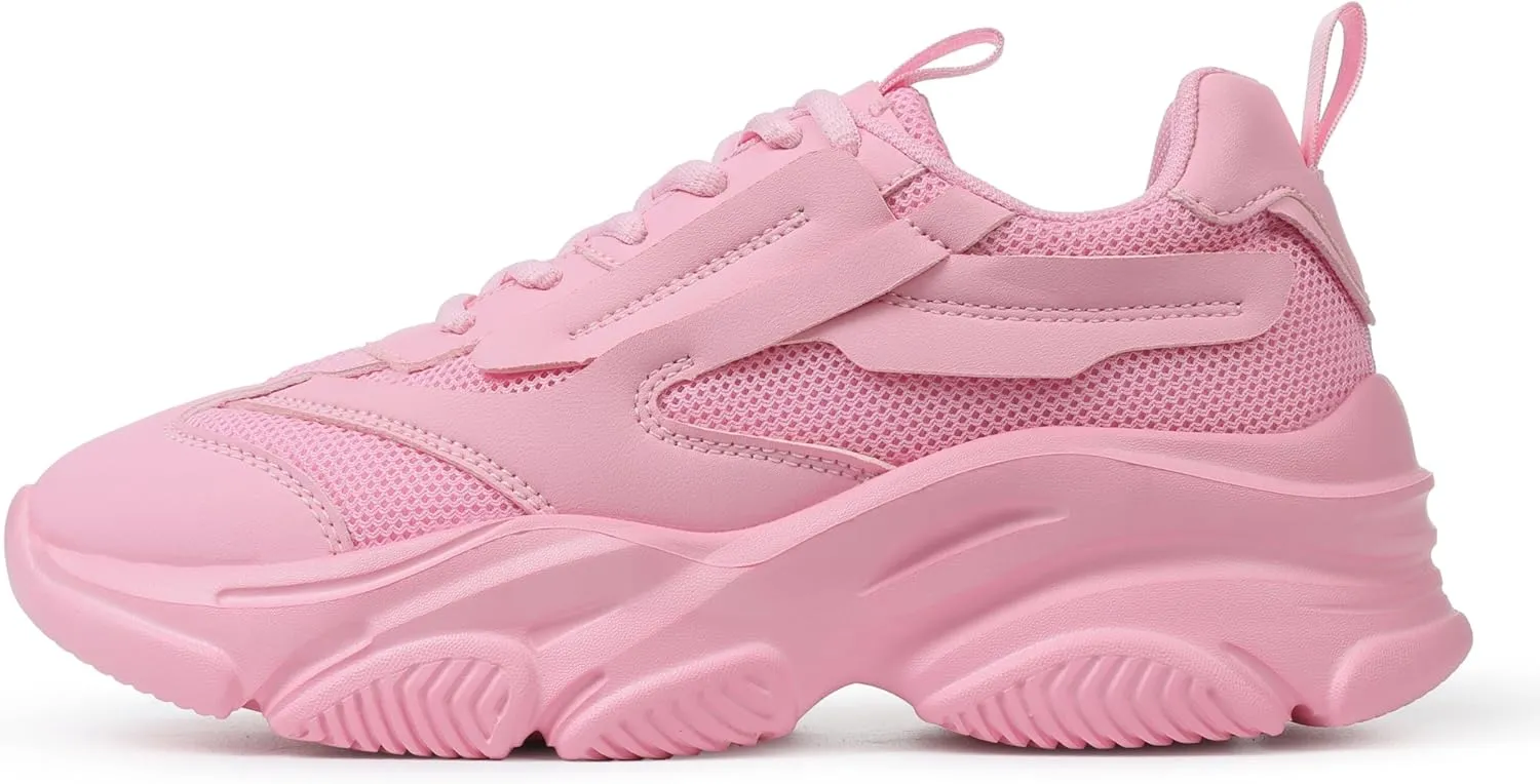 Women's Chunky Sneakers, Platform Casual Lace Up Non-Slip Comfortable Fashion Running, Thick 90s Women 'S Fashion Leather Breathable Mesh Walking Workout Sport Shoes