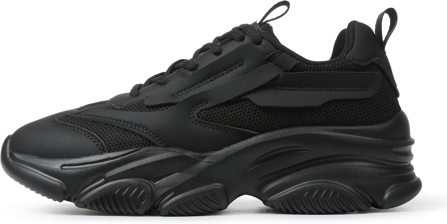 Women's Chunky Sneakers, Platform Casual Lace Up Non-Slip Comfortable Fashion Running, Thick 90s Women 'S Fashion Leather Breathable Mesh Walking Workout Sport Shoes