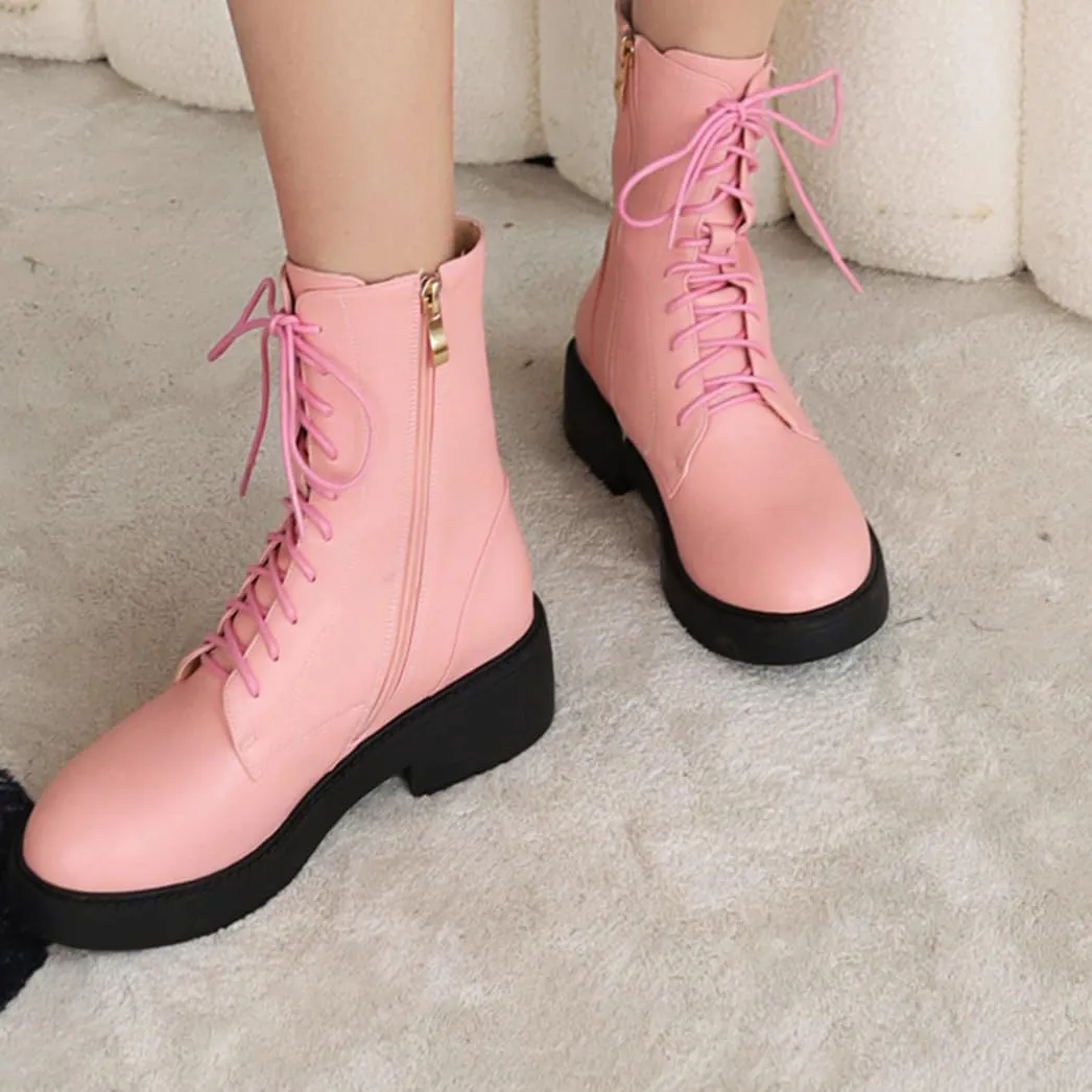 Women's Combat Lace Up Boots Platform Military Boots Low Heel Chunky Lug Sole Motorcycle Gothic Riding Boots Round Toe Comfortable Side Zipper Ankle Boots