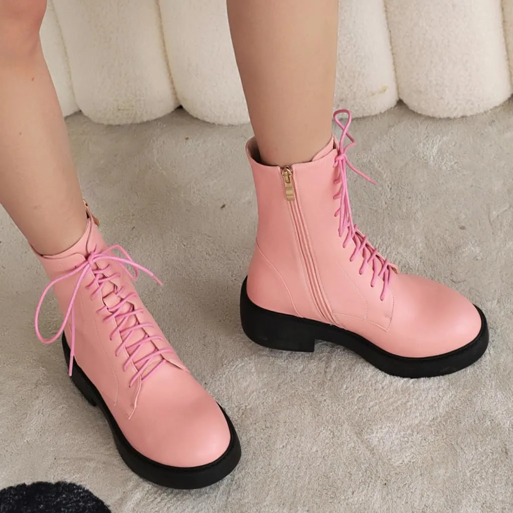 Women's Combat Lace Up Boots Platform Military Boots Low Heel Chunky Lug Sole Motorcycle Gothic Riding Boots Round Toe Comfortable Side Zipper Ankle Boots