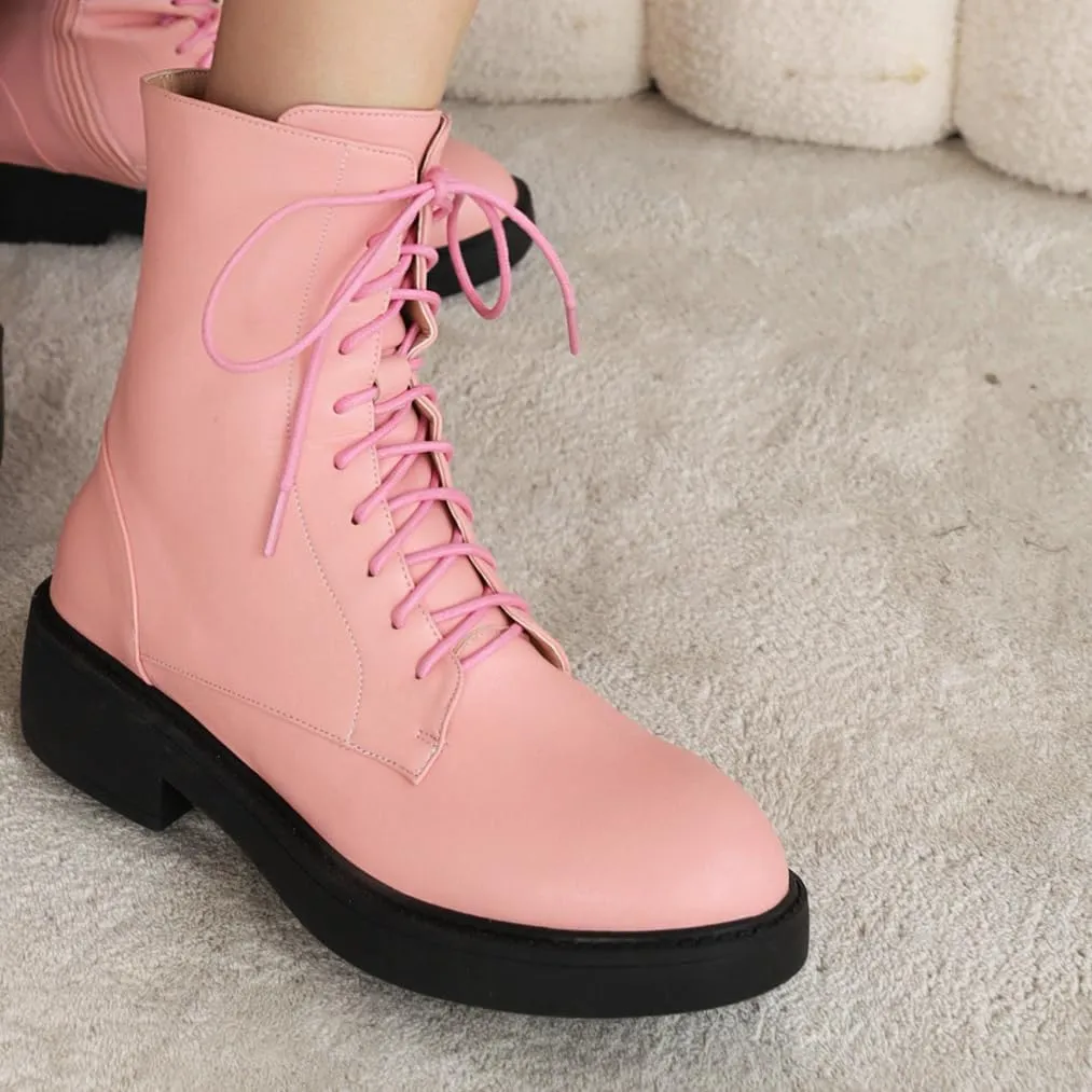 Women's Combat Lace Up Boots Platform Military Boots Low Heel Chunky Lug Sole Motorcycle Gothic Riding Boots Round Toe Comfortable Side Zipper Ankle Boots