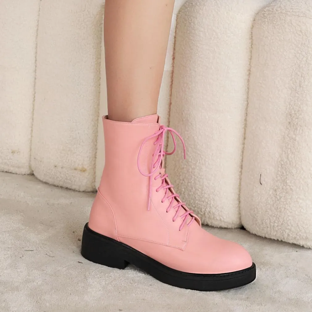 Women's Combat Lace Up Boots Platform Military Boots Low Heel Chunky Lug Sole Motorcycle Gothic Riding Boots Round Toe Comfortable Side Zipper Ankle Boots