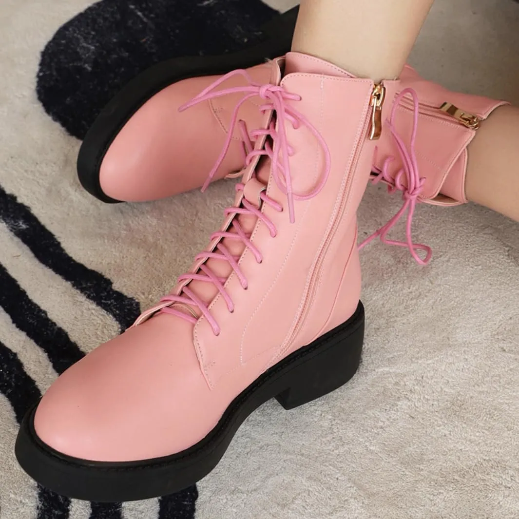 Women's Combat Lace Up Boots Platform Military Boots Low Heel Chunky Lug Sole Motorcycle Gothic Riding Boots Round Toe Comfortable Side Zipper Ankle Boots