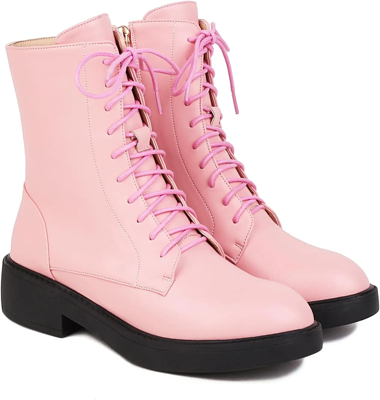 Women's Combat Lace Up Boots Platform Military Boots Low Heel Chunky Lug Sole Motorcycle Gothic Riding Boots Round Toe Comfortable Side Zipper Ankle Boots